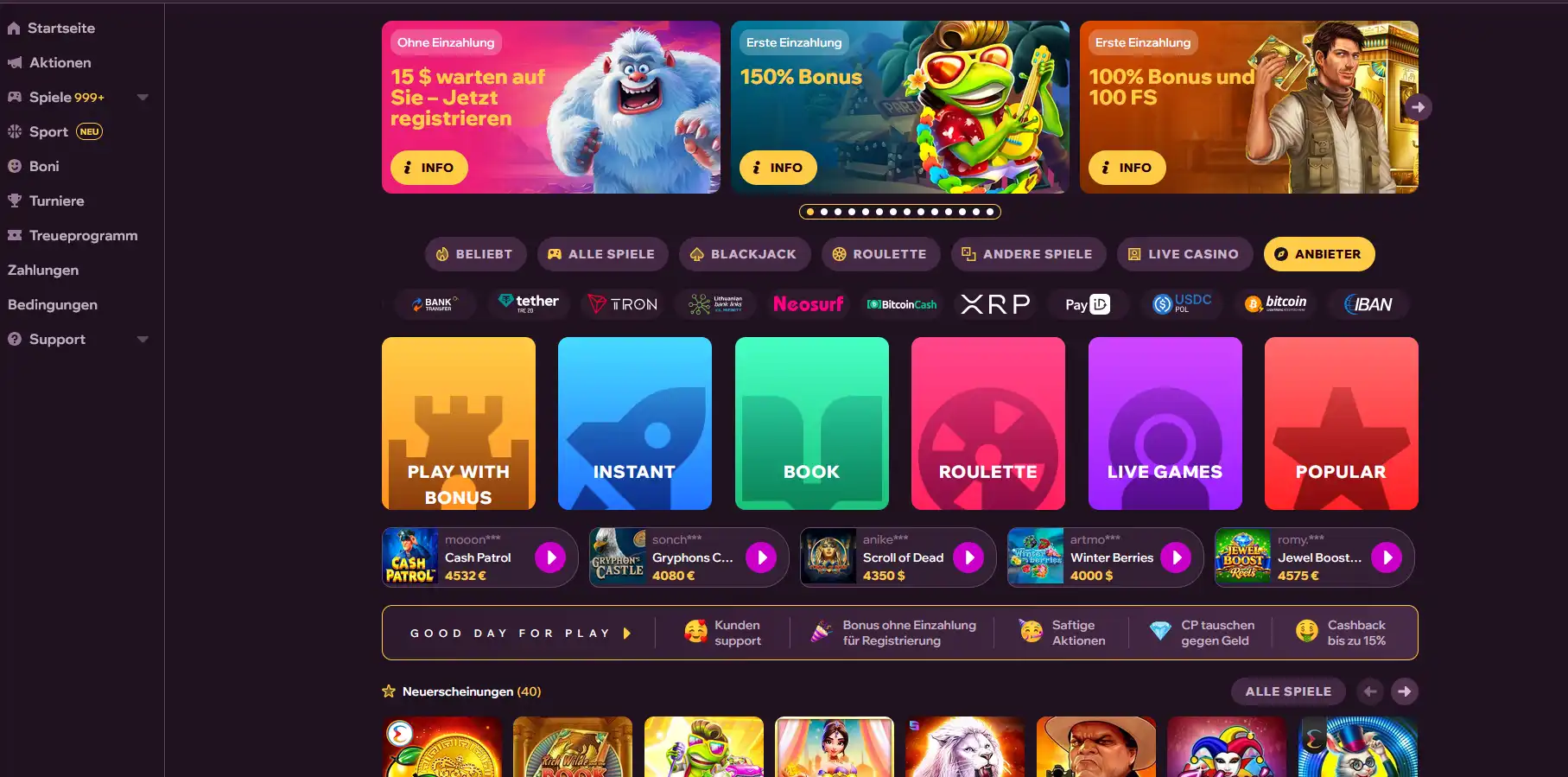 GDFPlay Casino – Startseite mit über 2.000 Spielen